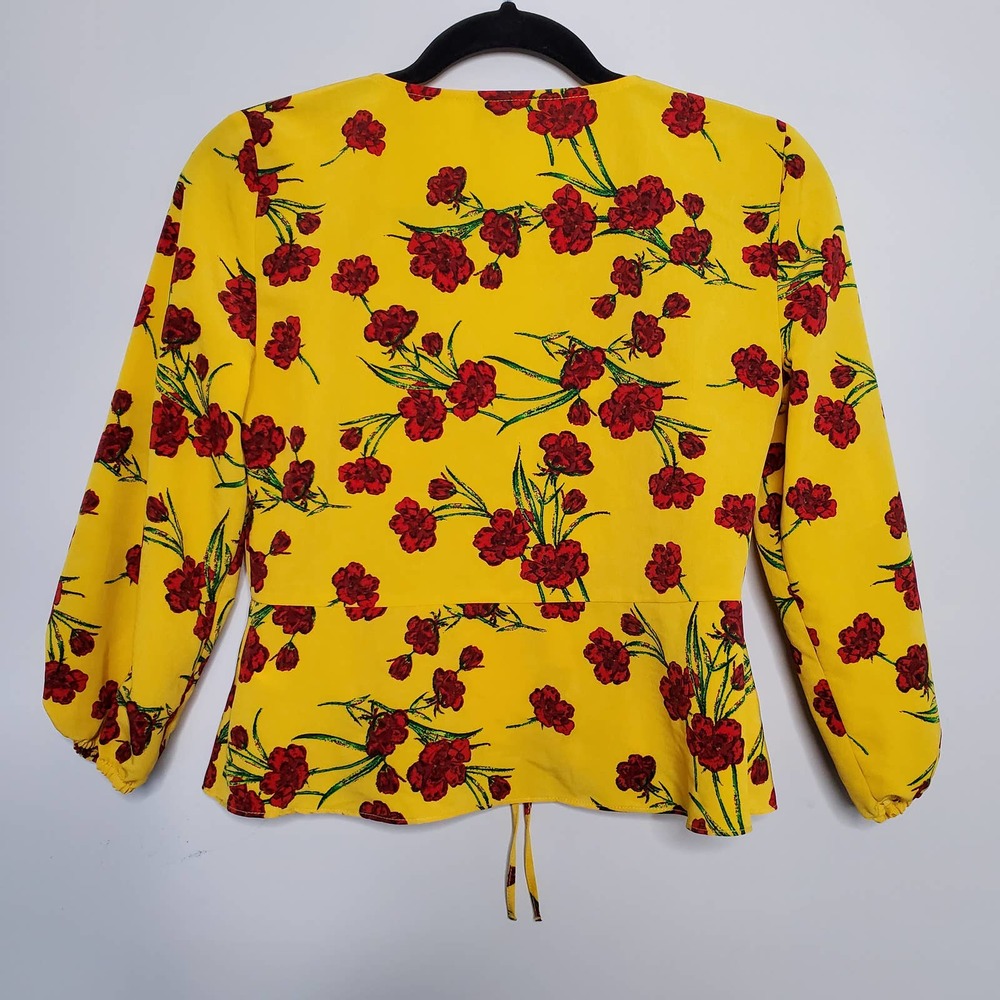 TOPSHOP • Yellow Red Floral Print Short Sleeve Cropped Blouse Sz 4 - Picture 8 of 8